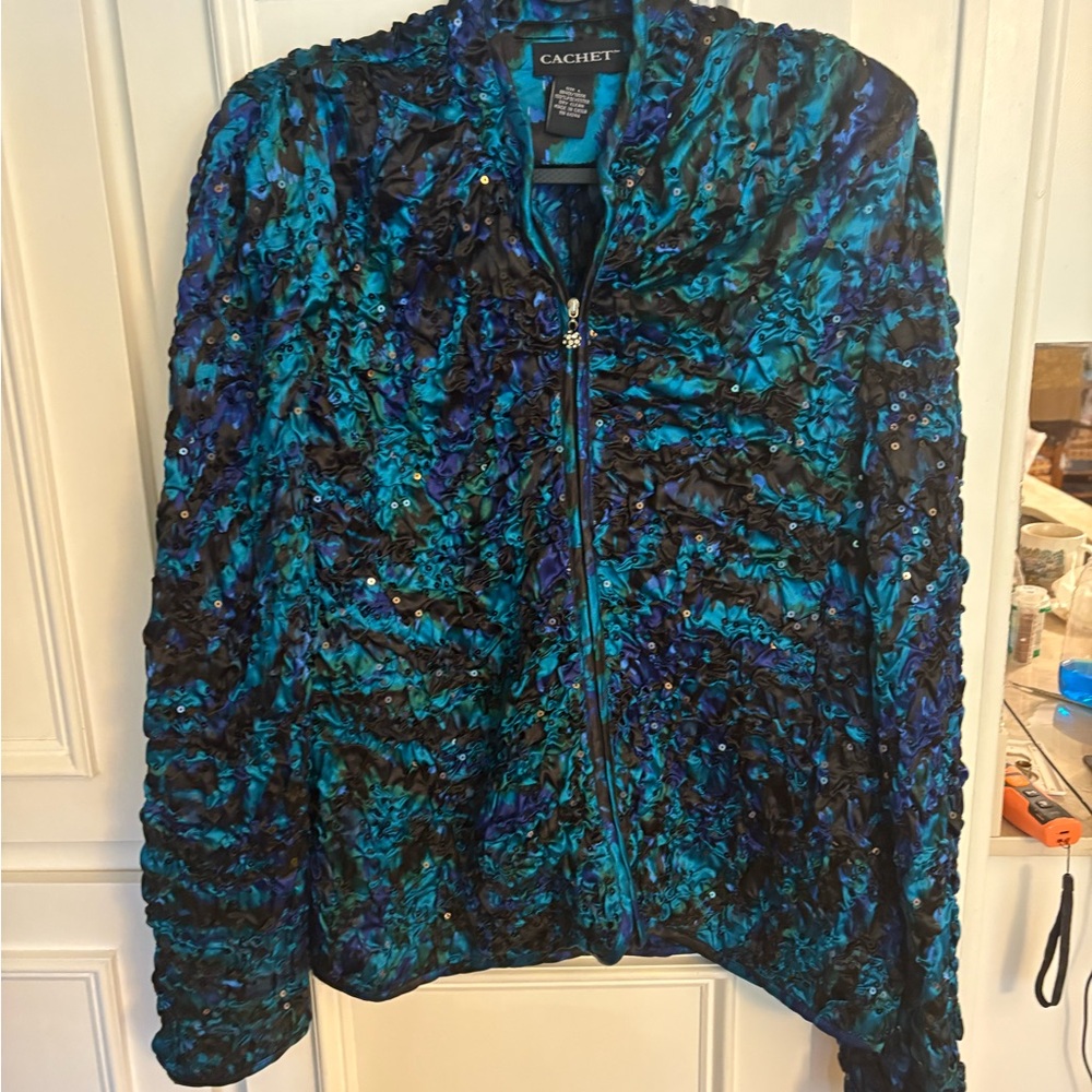 Cachet blue-green satin jacket with sequins